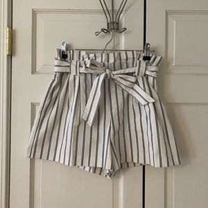 Zara White & Navy Striped Shorts with High Elastic Waist & Tie